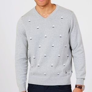 Nautica V-Neck Sailboat Motif Long Sleeve Sweater